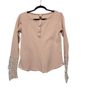 Sundance Womens Cassie Crochet Top SM Beige Henley Boho Cottagecore Peasant